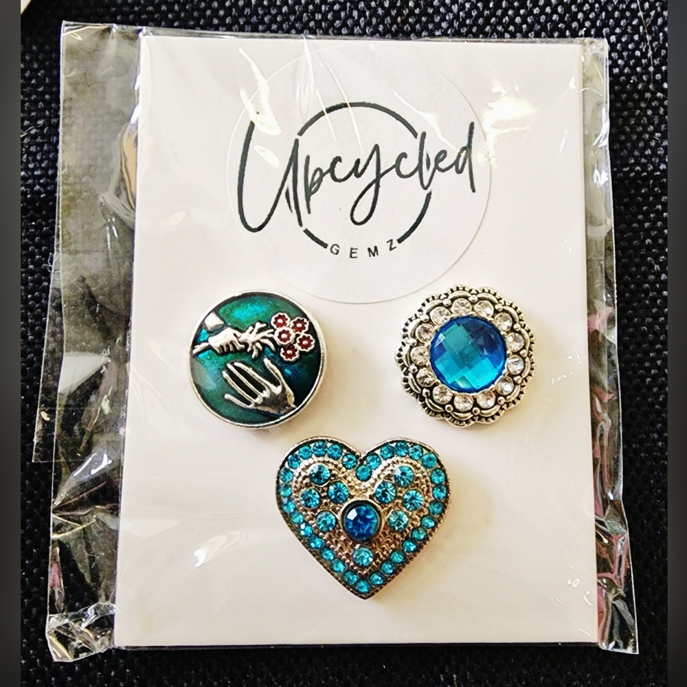 2FOR$30 - Interchangeable Snap Charm 3 PC Set - Blue, Silver & Rhinestone Charms